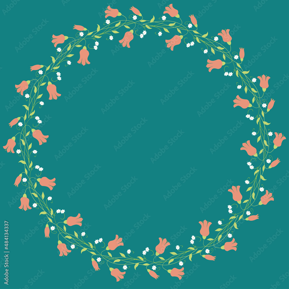Decorative floral wreath from delicate pink abstract bell flowers and white daisies