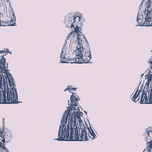 Seamless background from sketches ladies in vintage costumes of 19th century