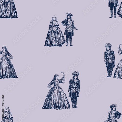 Seamless background of sketches  couple young people in historical costumes 18th century