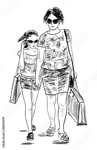 Sketch of city woman with daughter in sun glasses with shopping bags walking outdoor together on summer day