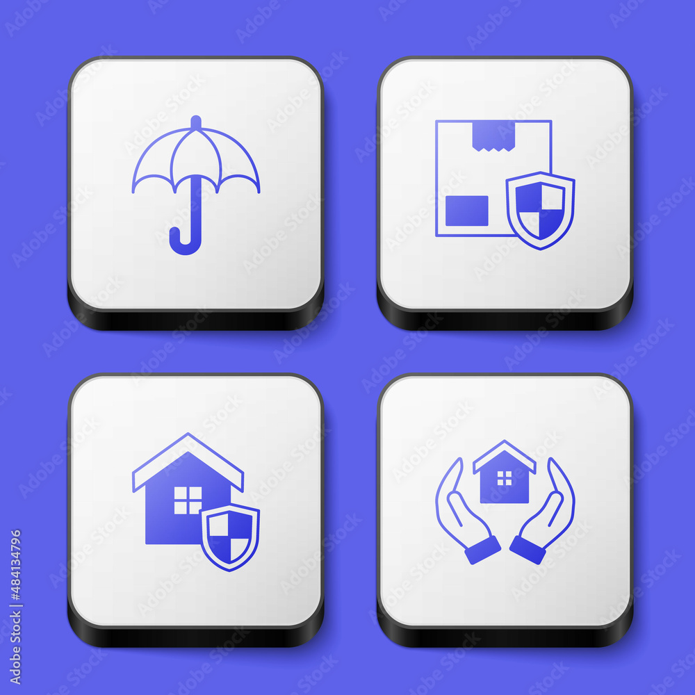 Set Umbrella, Delivery security with shield, House and in hand icon. White square button. Vector Set Umbrella, Delivery security with shield, House and in hand icon. White square button. Vector