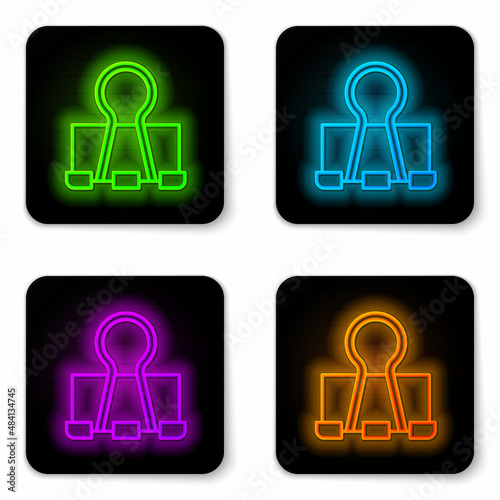 Glowing neon line Binder clip icon isolated on white background. Paper clip. Black square button. Vector