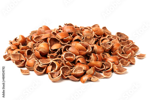 Obraz na plátně Pile of empty hazelnut shells background