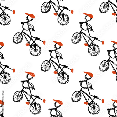 seamless pattern with bicycle. Bmx stunt cyclists. Old school bike. line drawing of young BMX. seamless pattern. flatland bmx.