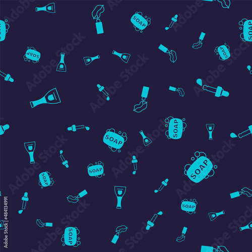 Set Bottle of nail polish, Pipette with oil, Lip augmentation and Bar soap on seamless pattern. Vector
