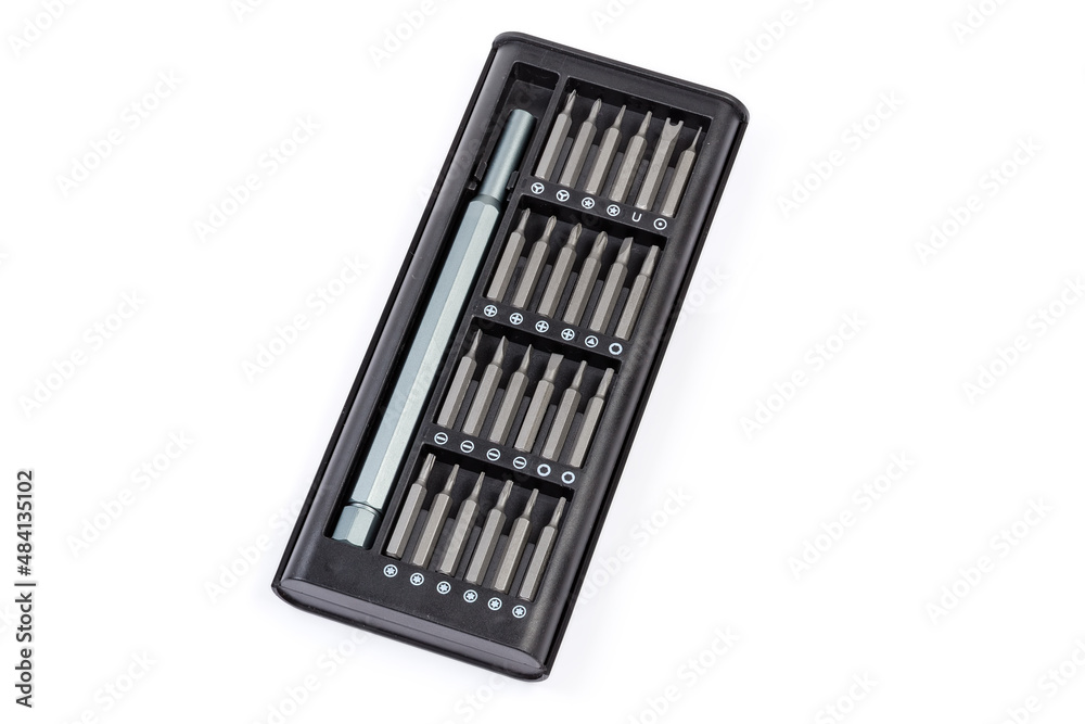 Manual mini screwdriver with set of interchangeable bits in case Manual mini screwdriver with set of interchangeable bits in case
