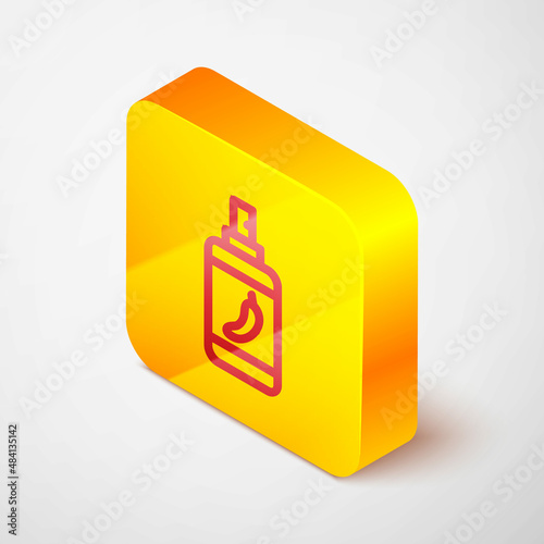 Isometric line Pepper spray icon isolated on grey background. OC gas. Capsicum self defense aerosol. Yellow square button. Vector