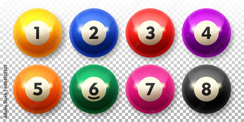 Set of billiard balls different colors. Recreational game sport. Vector illustration isolated on a transparent background. Set of billiard balls different colors. Recreational game sport. Vector illustration isolated on a transparent background.