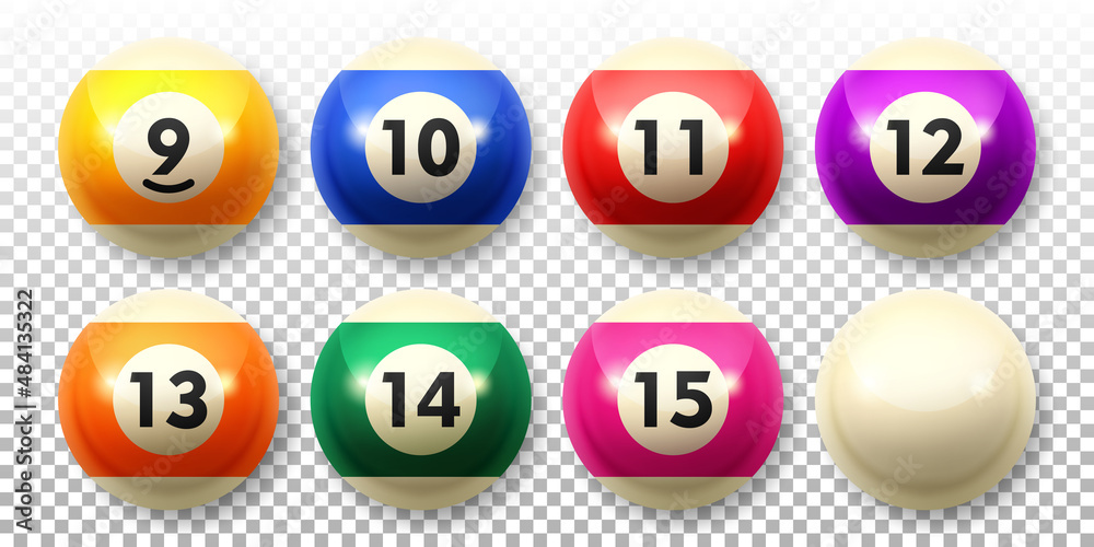 Set of billiard balls different colors. Recreational game sport. Vector illustration isolated on a transparent background. Set of billiard balls different colors. Recreational game sport. Vector illustration isolated on a transparent background.