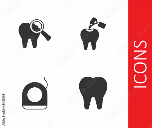 Set Tooth, Broken tooth, Dental floss and with caries and drill icon. Vector