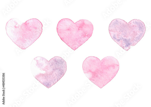 Watercolor hearts in red and purple colors