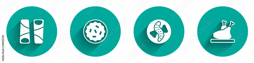 Set Guotie, Homemade pie, Served cucumber on plate and Roasted turkey or chicken icon with long shadow. Vector Set Guotie, Homemade pie, Served cucumber on plate and Roasted turkey or chicken icon with long shadow. Vector