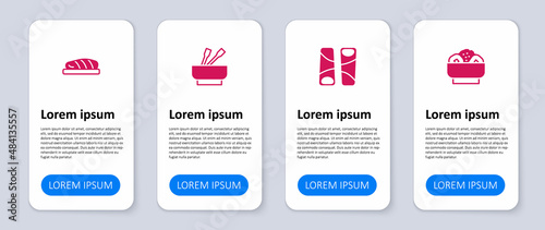 Set Chow mein on plate, Guotie, Asian noodles bowl and Fish steak. Business infographic template. Vector