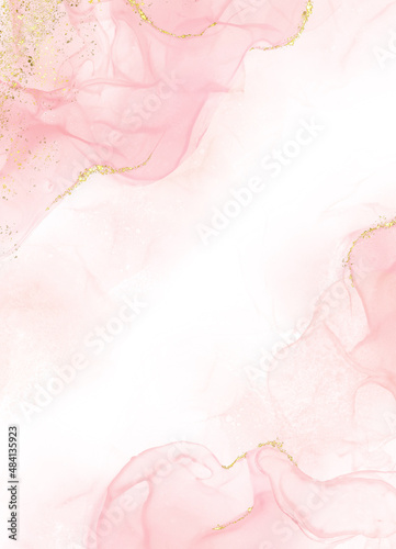 Abstract watercolor or alcohol ink art pink white background with golden crackers. Pastel pink marble drawing effect. llustration design template for wedding invitation,decoration, banner, background.