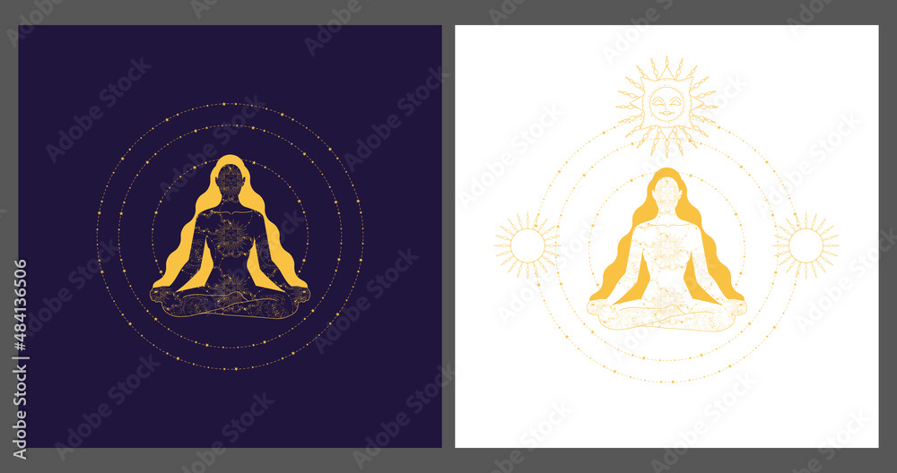 Naklejka premium Mystic woman, exotic woman, female concept illustration. Boho girl. inner knowledge and peace. Vector design in flat style