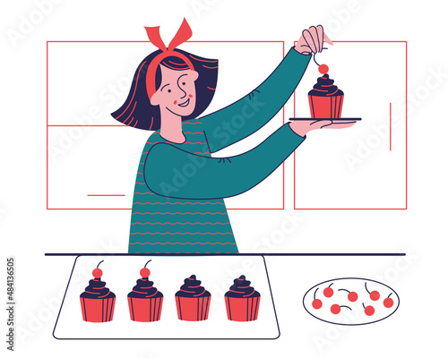 Woman baking and decorating cupcakes with cherry