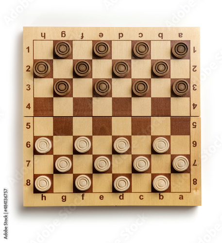 chess board with checkers isolated on white background, shot from above.