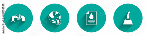 Set Oil pipe with valve, drop dollar symbol, Contract money and pen and Canister for motor machine oil icon with long shadow. Vector