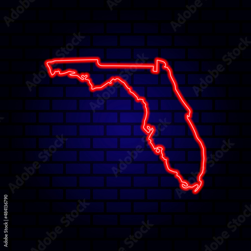 Neon map State of Florida on brick wall background.