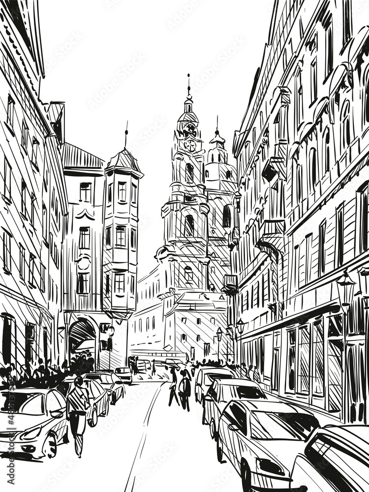 Prague city hand drawn sketch. European city, vector illustration