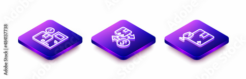 Set Isometric line Home delivery services, Tax cardboard box and Package with fragile content icon. Vector