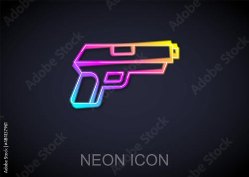 Glowing neon line Pistol or gun icon isolated on black background. Police or military handgun. Small firearm. Vector