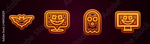 Set line Flying bat, Happy Halloween holiday, Ghost and . Glowing neon icon. Vector