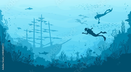 Fotografie, Obraz Underwater landscape with sunken sailing ship and divers