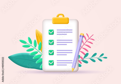 Checklist on clipboard. 3d check list icon. Paper, document with note or task. Test, business survey with check or tick marks. Vector illustration.