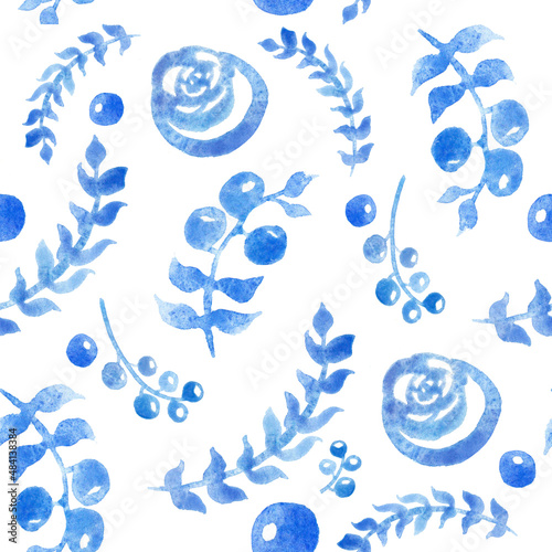 Seamless pattern of watercolor blue elements. Images of watercolor twigs, flowers, berries on a white background
