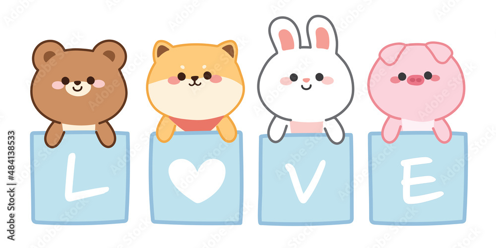 Cute animals with love writing on blue box hand drawn banner ...