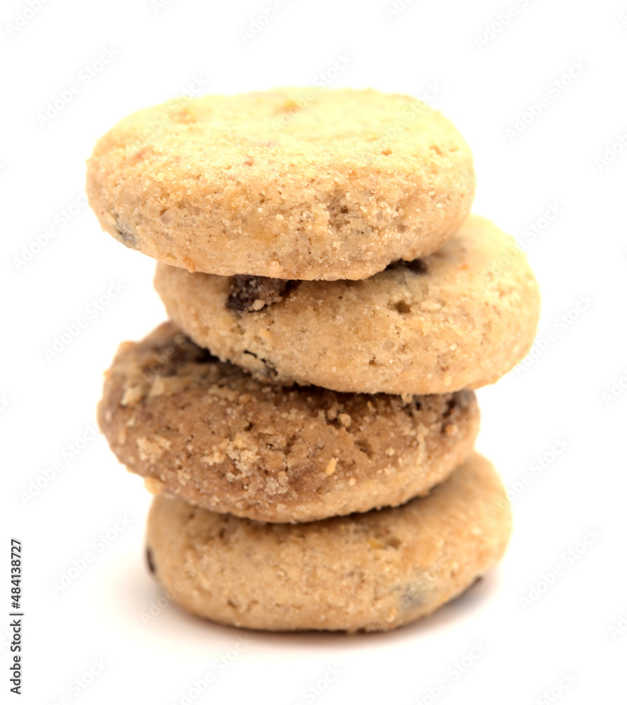 Round chocolate chip mini cookies isolated on white background 
