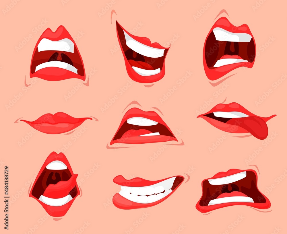 Cartoon mouth expressions, isolated woman lips, teeth and tongues. Vector set of red sexy lips expressing with happy smiling, yell, show tongue, surprising, disgust different emotions