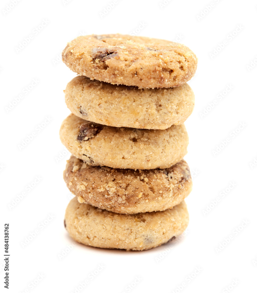 Round chocolate chip mini cookies isolated on white background 
