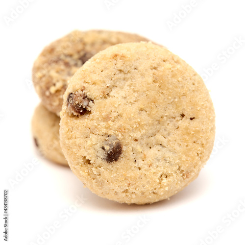 Round chocolate chip mini cookies isolated on white background  