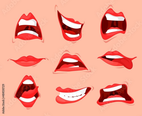 Cartoon mouth expressions, isolated woman lips, teeth and tongues. Vector set of red sexy lips expressing with happy smiling, yell, show tongue, surprising, disgust different emotions
