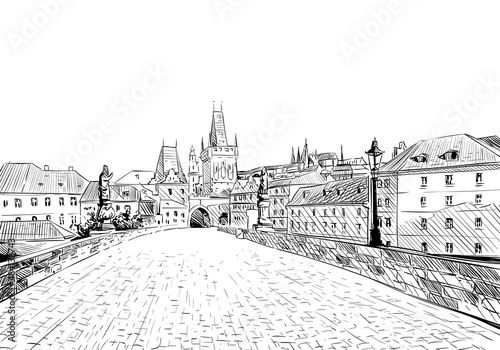 Photography Prague city hand drawn sketch. European city, vector illustration
