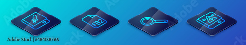 Set Isometric line Magnifying glass, Book about weapon, Ancient magic book and FB2 File icon. Vector