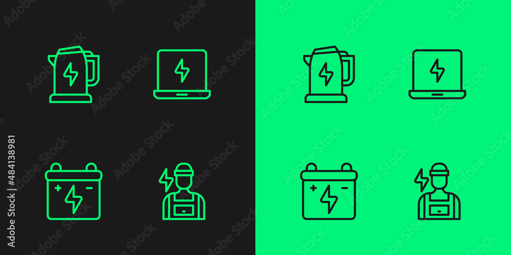 Set line Electrician, Car battery, kettle and Laptop icon. Vector