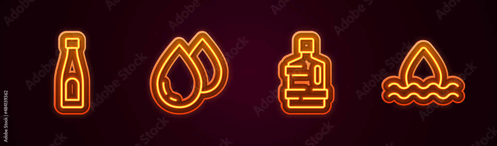 Set line Bottle of water, Water drop, Big bottle with clean and . Glowing neon icon. Vector Set line Bottle of water, Water drop, Big bottle with clean and . Glowing neon icon. Vector