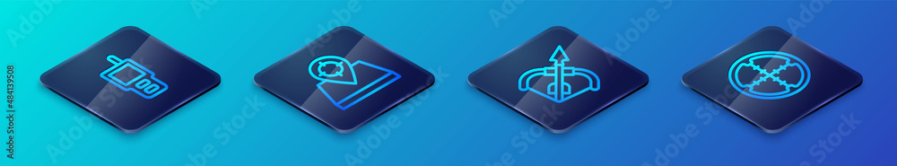 Set Isometric line Medieval bow and arrow, Walkie talkie, Sniper optical sight and Hunt place icon. Vector Set Isometric line Medieval bow and arrow, Walkie talkie, Sniper optical sight and Hunt place icon. Vector