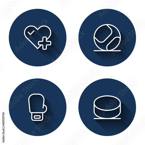 Set line Heart rate, Baseball ball, Boxing glove and Hockey puck with long shadow. Blue circle button. Vector