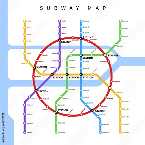 Round metro or subway underground transport city map, vector urban railway station lines scheme. Subway metro or tube and public transport network plan with train, bus or tram connection stations