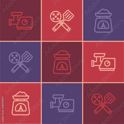 Set line Kitchen meat grinder, Scales and Spatula icon. Vector