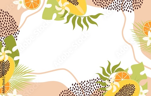 Tropical background with fruits, flowers and leaves. Papaya and oranges on the background of abstract spots.