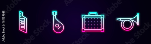 Set line Keytar, Bandura, Guitar amplifier and Trumpet. Glowing neon icon. Vector