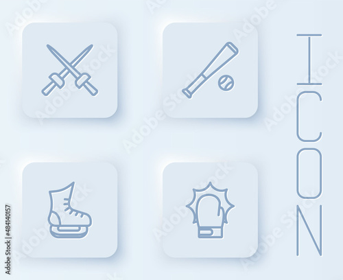 Wallpaper Mural Set line Fencing, Baseball bat with ball, Skates and Punch boxing gloves. White square button. Vector Torontodigital.ca