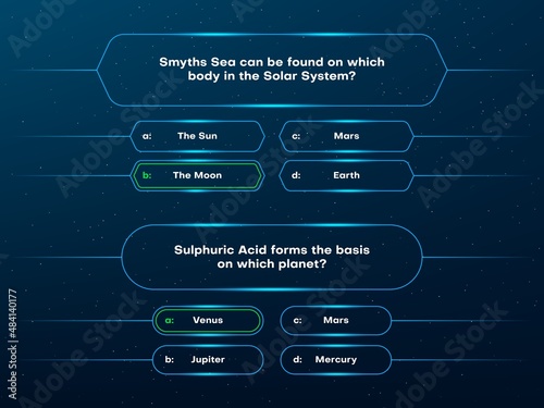 Quiz questions and test menu choice neon template. TV show or trivia game vector layout. Quiz game or intellectual challenge contest template, screen with question and answer options in frames photo