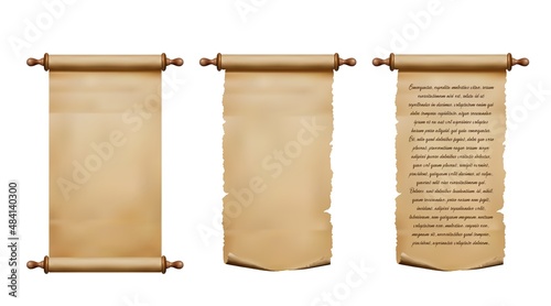 Old parchment paper scroll and ancient papyrus manuscript. Realistic antique vector rolls of rough paper with torn edges,. Certificate, treasure map or document, letter, message or diploma photo