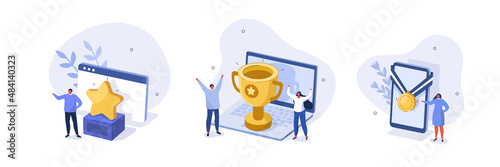 Winners with prize illustration set. Characters celebrating first place victory with golden cup, medal and other winning trophies. Business goals, achievement and success concept. Vector illustration.
